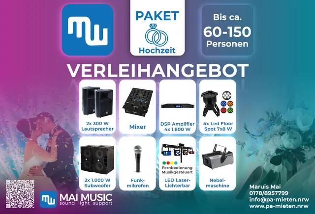 Paket Hochzeit: 2x Lautsprecher, 2x Subwoofer, DSP-Endstufe – für 60–150 Personen