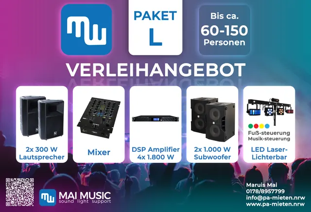 Paket L: 2x Lautsprecher, 2x Subwoofer, DSP-Endstufe – für 60–150 Personen