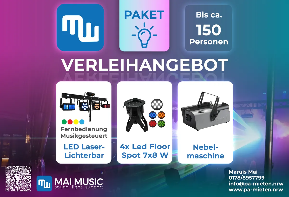 Paket Licht komplett mit LED-Laser-Lichterbar, 4x LED-Floor-Spot, Nebelmaschine, Zubehör