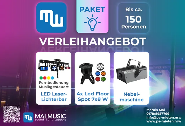 Paket Licht: LED-Laser-Lichterbar, 4x LED-Floor-Spot, Nebelmaschine – für bis ca. 150 Personen