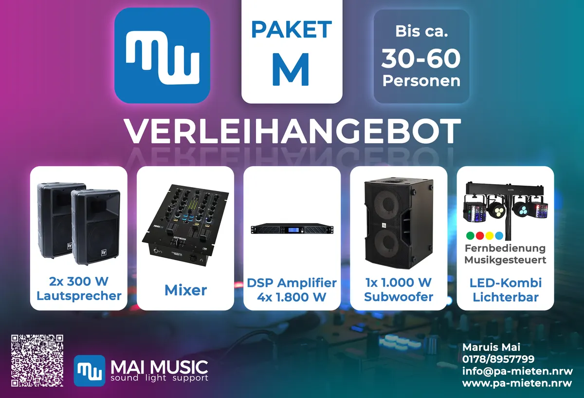 Paket M komplett mit 2x Lautsprecher, 1x Subwoofer, DSP-Endstufe, Mixer, Licht