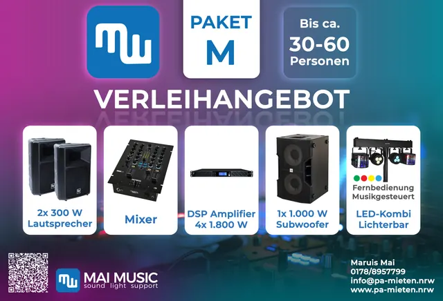 Paket M: 2x Lautsprecher, 1x Subwoofer, DSP-Endstufe – für 30–60 Personen