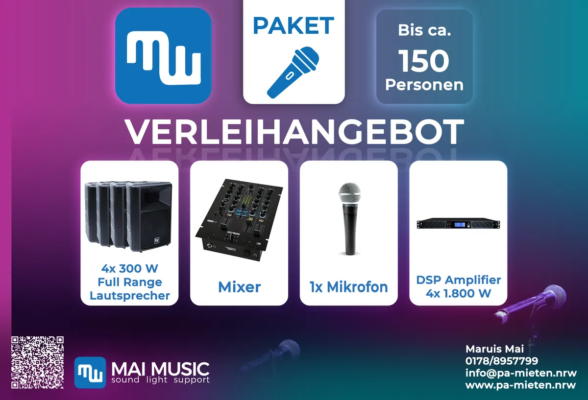 Paket Moderation komplett mit 4x Full-Range-Lautsprecher, Mixer, DSP-Endstufe, Mikrofon, Bluetooth