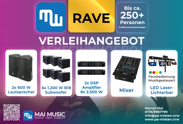 Paket RAVE: 2x Lautsprecher, 6x Subwoofer, 2x DSP-Endstufe – für 250+ Personen