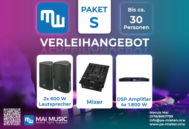 Paket S: 2x Lautsprecher, Mixer, DSP-Endstufe – für bis ca. 30 Personen