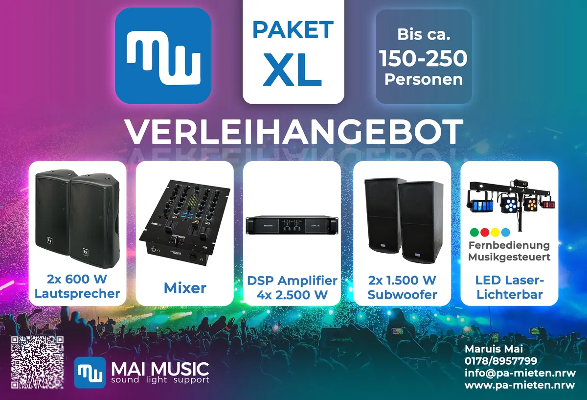 Paket XL komplett mit 2x Lautsprecher, 2x Subwoofer, DSP-Endstufe, Mixer, Licht