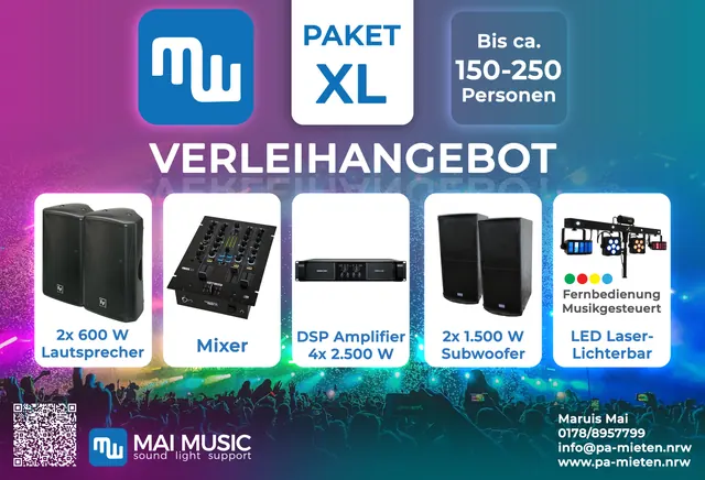 Paket XL: 2x Lautsprecher, 2x Subwoofer, DSP-Endstufe – für 150–250 Personen